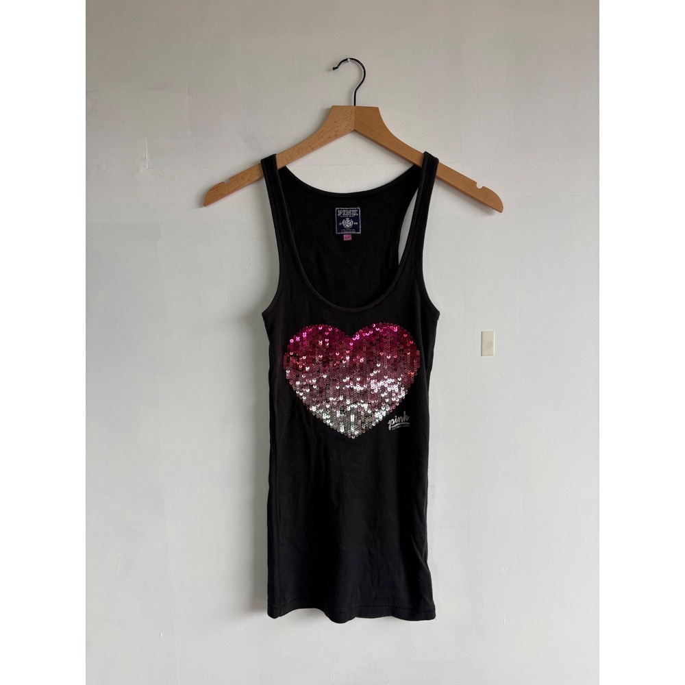 Victoria's Secret PINK Vintage Y2K Sequin Heart Racerback Tank Black Ribbed S